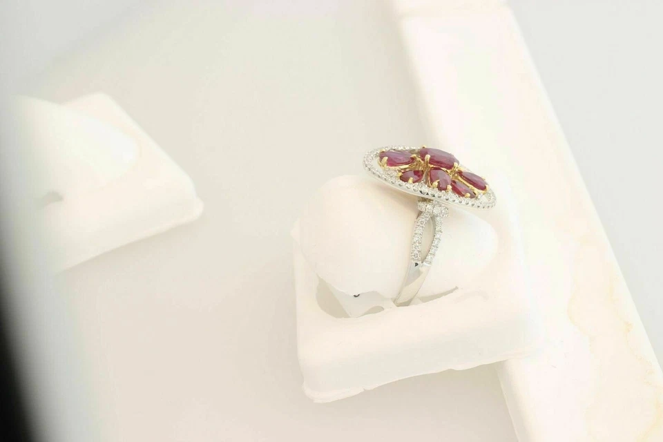 14k Multi Tone Gold 3.50 Ct Natural Ruby and Diamonds Halo Cluster Wedding Ring - Image 3 of 4