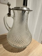 Vintage Pressed Glass Claret Jug Pitcher with Pewter Lid Diamond Pattern