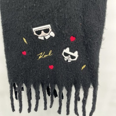 NWT Karl Lagerfeld Paris Women's Fuzzy Scarf Cat Logo Black Chunky