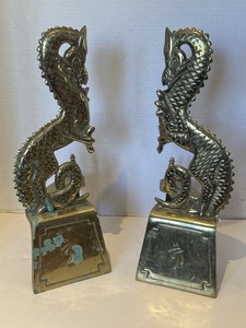 Vintage Mid Century Brass Chinese Dragon Andirons