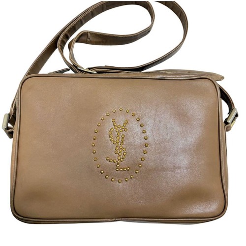 Yves Saint Laurent Vintage Camera Bag Beige Smooth Leather Gold Studs Authentic