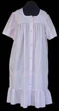 1960s EVELYN PEARSON Pink  White Pinstripe House Dress Lace Trim Ruffled Hem L