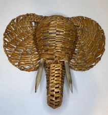 Vintage MCM Large Handmade Wicker Rattan Elephant Head Mount Wall Hanging Decor