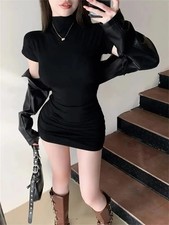 Sexy Tight Half High Collar Pleated Waist Mini Dress Spicy Girls Slim Dresses Bo
