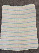Waffle Weave Baby Blanket White W/Pastel Stripe Acrylic 28  X 36  Bassinet Retro