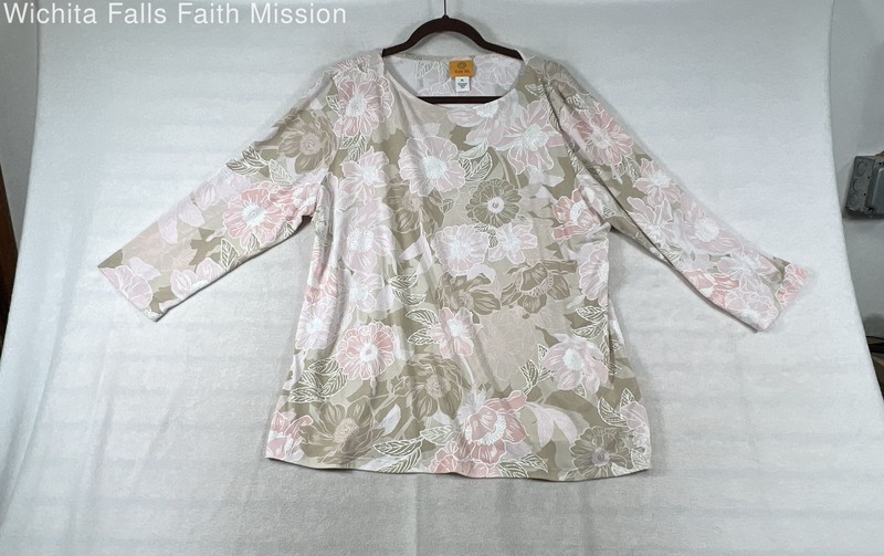 Ruby Rd. Women's Long Sleeve Floral Print Knit Top Blouse Pink Tan Beige Sz XL