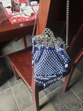 Vintage blue white seed bead flapper style fringed purse metal frame