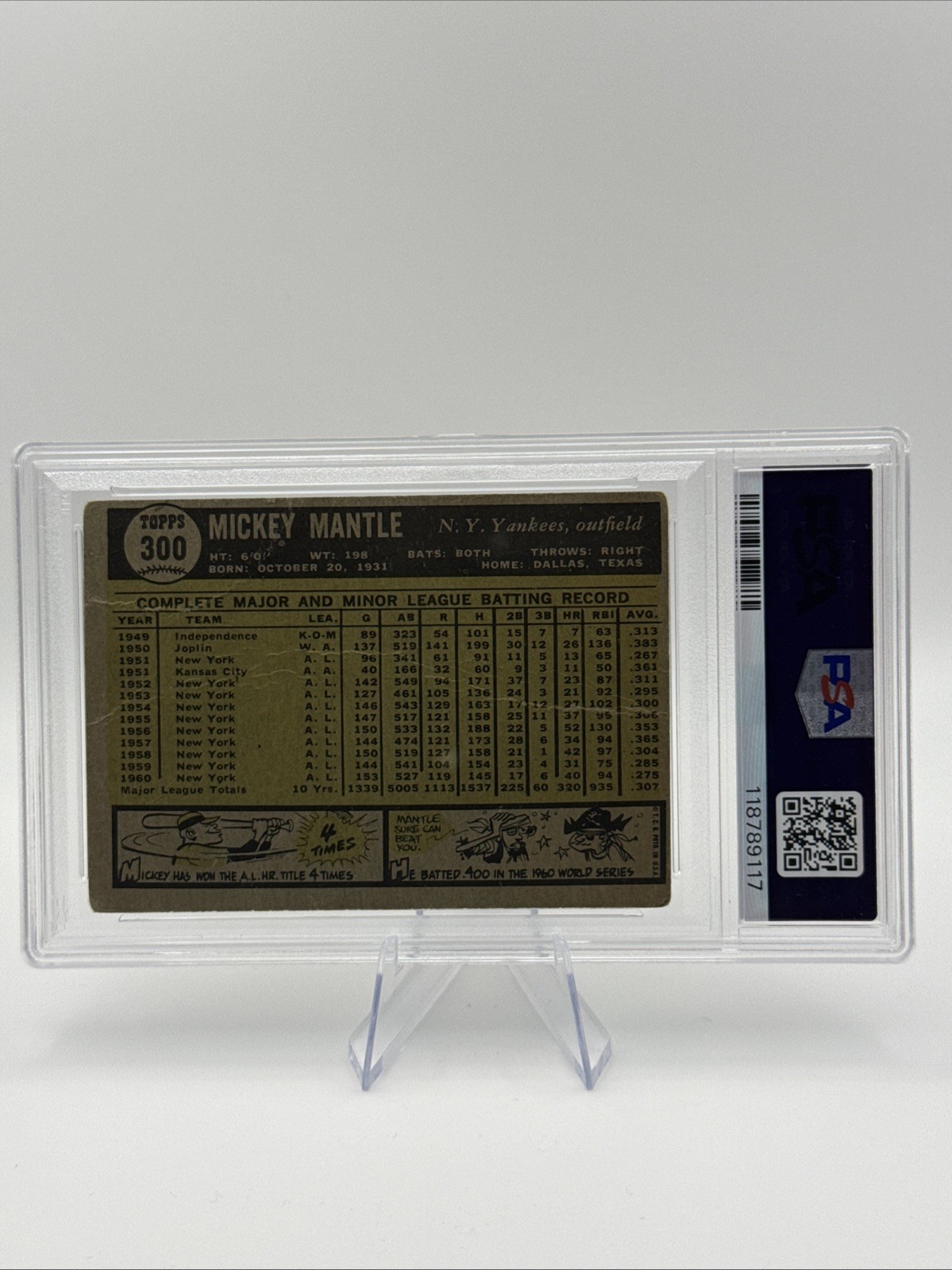 1961 TOPPS #300 MICKEY MANTLE PSA 1 view 2