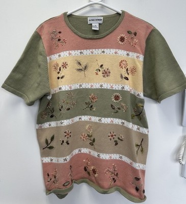 Vintage Alfred Dunner Kurzarm Pullover mit Blumenstickerei Größe M