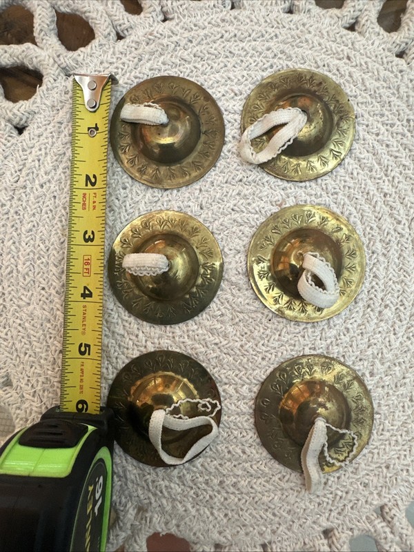 Vintage Brass Belly Dance Finger Cymbals Zills –Set of  6 Cymbals W/ Cloth Loops