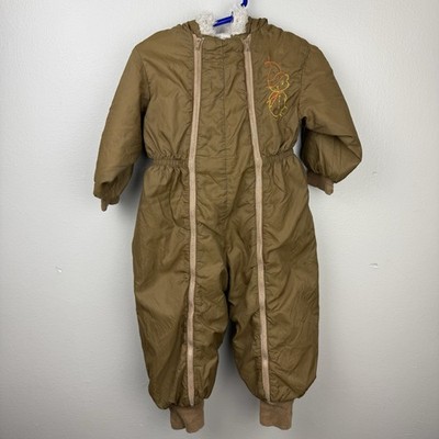 VTG Sears Toddler Snowsuit Brown Cat Embroidery Dual Zipper Faux Fur Hood 24 30M