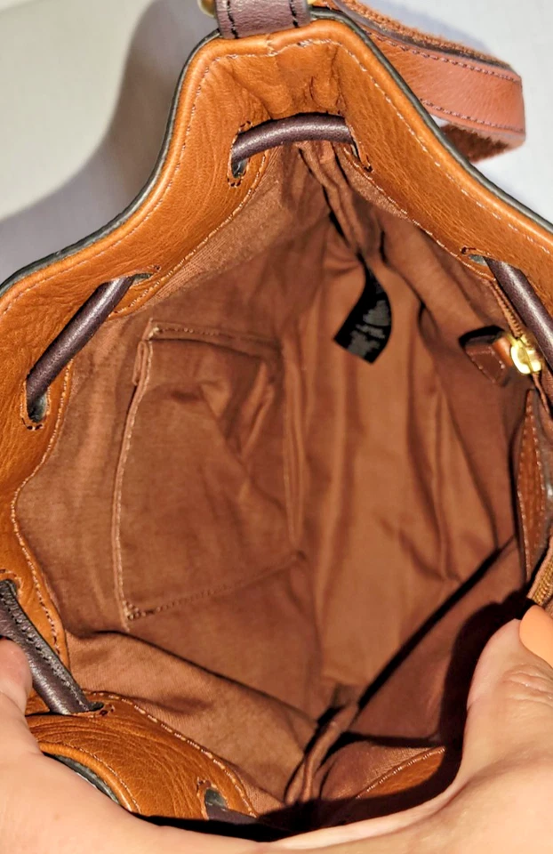 FOSSIL Brown Leather Bucket Shoulder Handbag Crossbody Purse Drawstring Tassel - Image 4 of 4
