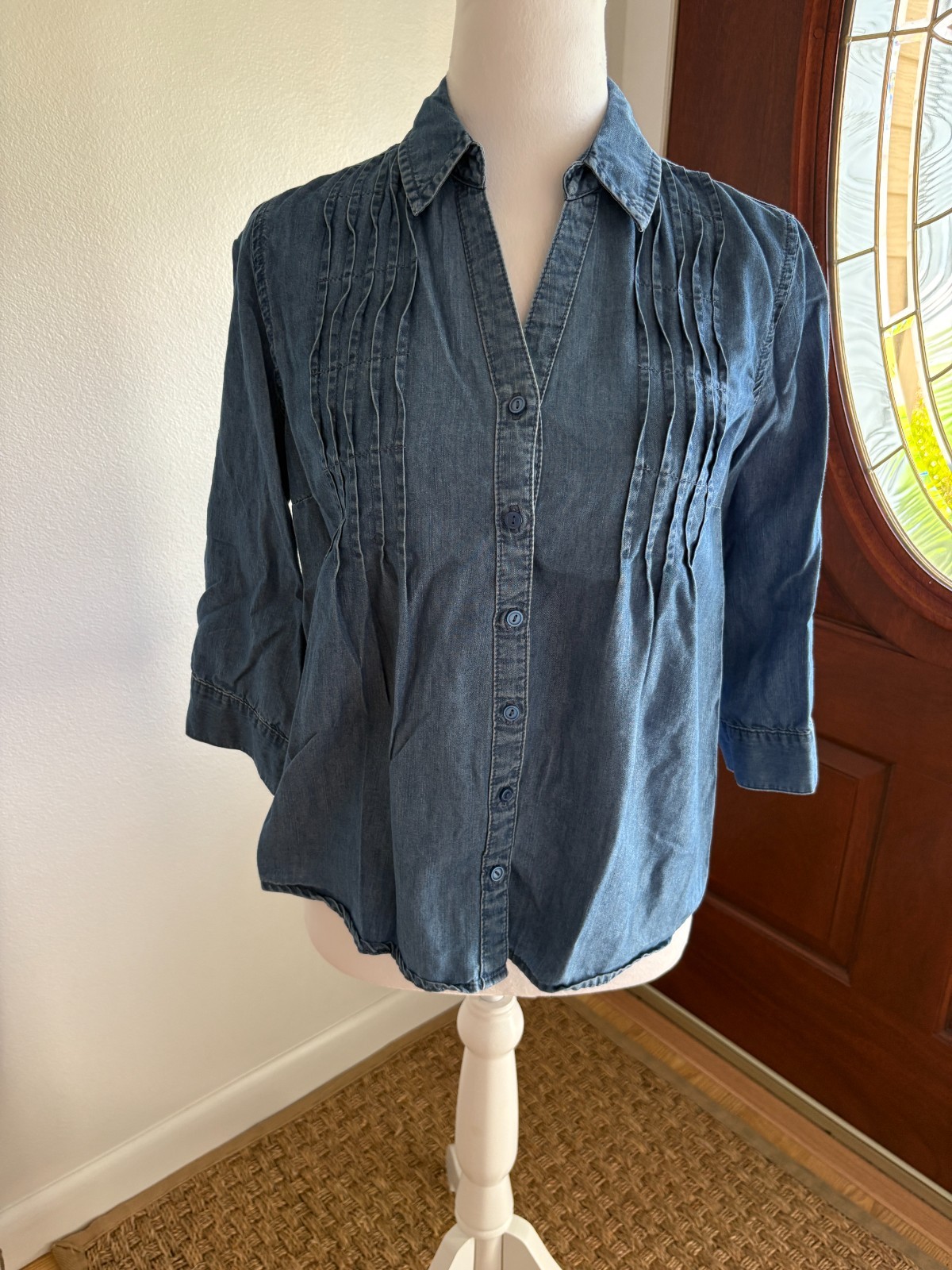 Gloria Vanderbilt Denim Button Down Collared Women's 3/4 Sleeve size PS