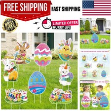 Easter Yard Outdoor Decorations - 8 PCS Easter Bunny Eggs Yard Signs with Sta...
