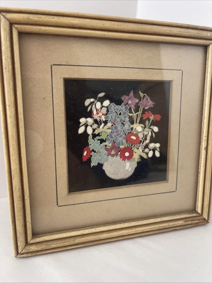 "Litografía floral pequeña mini decoración de pared con marco de madera 6x6"" colgante vintage MCM" Foto 2 de 4