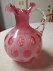 New ListingFenton Pink Cranberry Glass Hobnail Ruffled Basket with Notched Handle Vintage