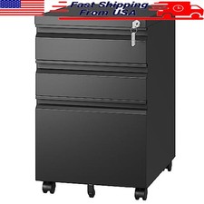 3 Drawer Mobile File Cabinet W/ Lock Metal Organizer Home Office Storage Black