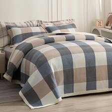 Cotton Plaid Quilt Set, Ultra Soft 3 FULL/QUEEN 90"x96" Grid-beige Blue
