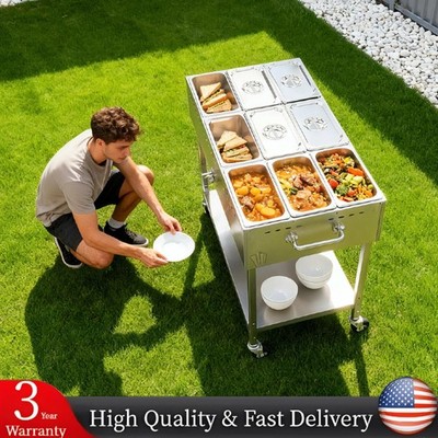 9-Pan 42'' Commercial Propane Steam Table 10000BTU Wheel Food Warmer 1/3 Size Pan