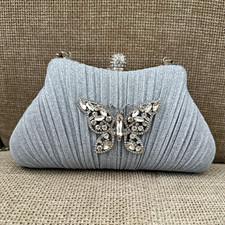 Silver Pleated Clutch Evening Bag Rhinestone Butterfly Detail w/ Chain Strap