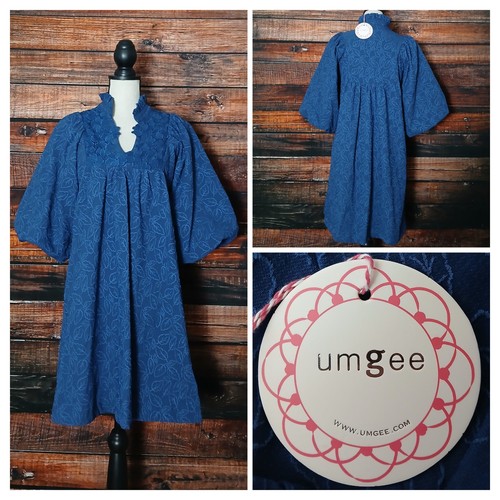 UMGEE Shift Dress S Blue Blair Jacquard Leaf Print Puff Balloon Sleeve NWT