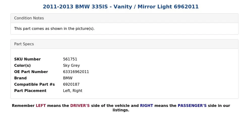 BMW 335IS 2011-2013 - luz de tocador/espejo 6962011 Foto 4 de 4