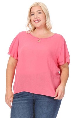 Moa Collection Plus size, short flutter sleeve keyhole blouse.