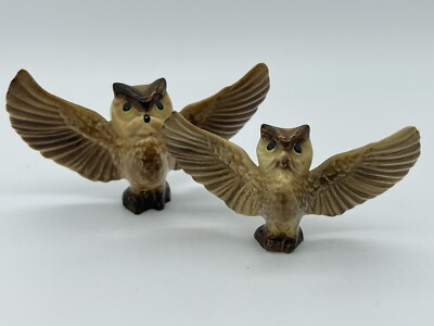 Owl Figurines Miniature Porcelain Wings Out Flying  Sitting  Small Owls Set of 2