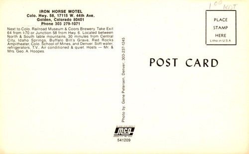 Postcard Iron Horse Motel Golden Colorado - Picture 2 of 2
