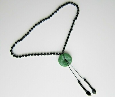 Hand Carved Green Jade Donut Gem Pendant with Onyx Beads & Tassel Necklace.
