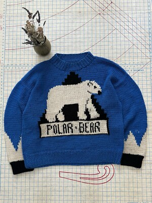 Vintage Polar Bear Hand Knit Sweater Fits Mens XL Blue 60-70's