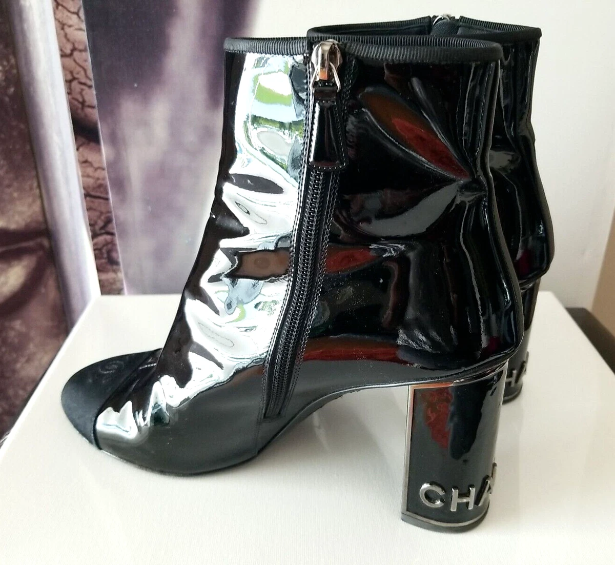 CHANEL Women s CC Cap Toe Black Patent Leather Logo Heel Boots