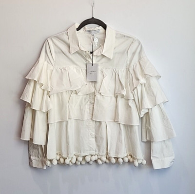 ENDLESS ROSE Ruffle Tiered Pom Pom Crisp White Blouse Top Size XS Small NWT