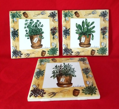 Alie kolh Herbs Plant Ceramic Tile 4 3/8'' sq. Made in USA Set of 3