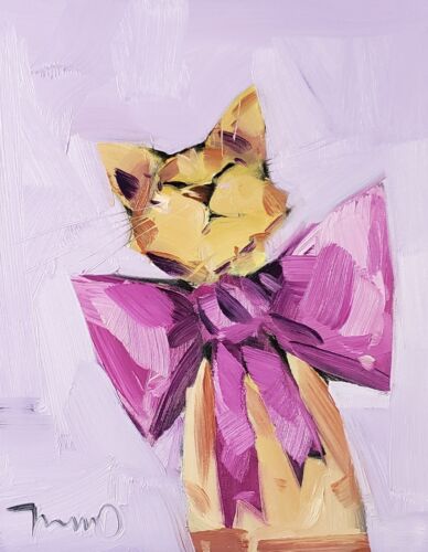 JOSE TRUJILLO Oil Painting IMPRESSIONISM Collectible ORIGINAL Cat Pink Bow nr - Foto 1 di 8