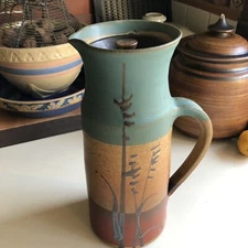 William Bill Creitz Studio Pottery Tall Stoneware Pitcher Reed Motif Lid Oregon