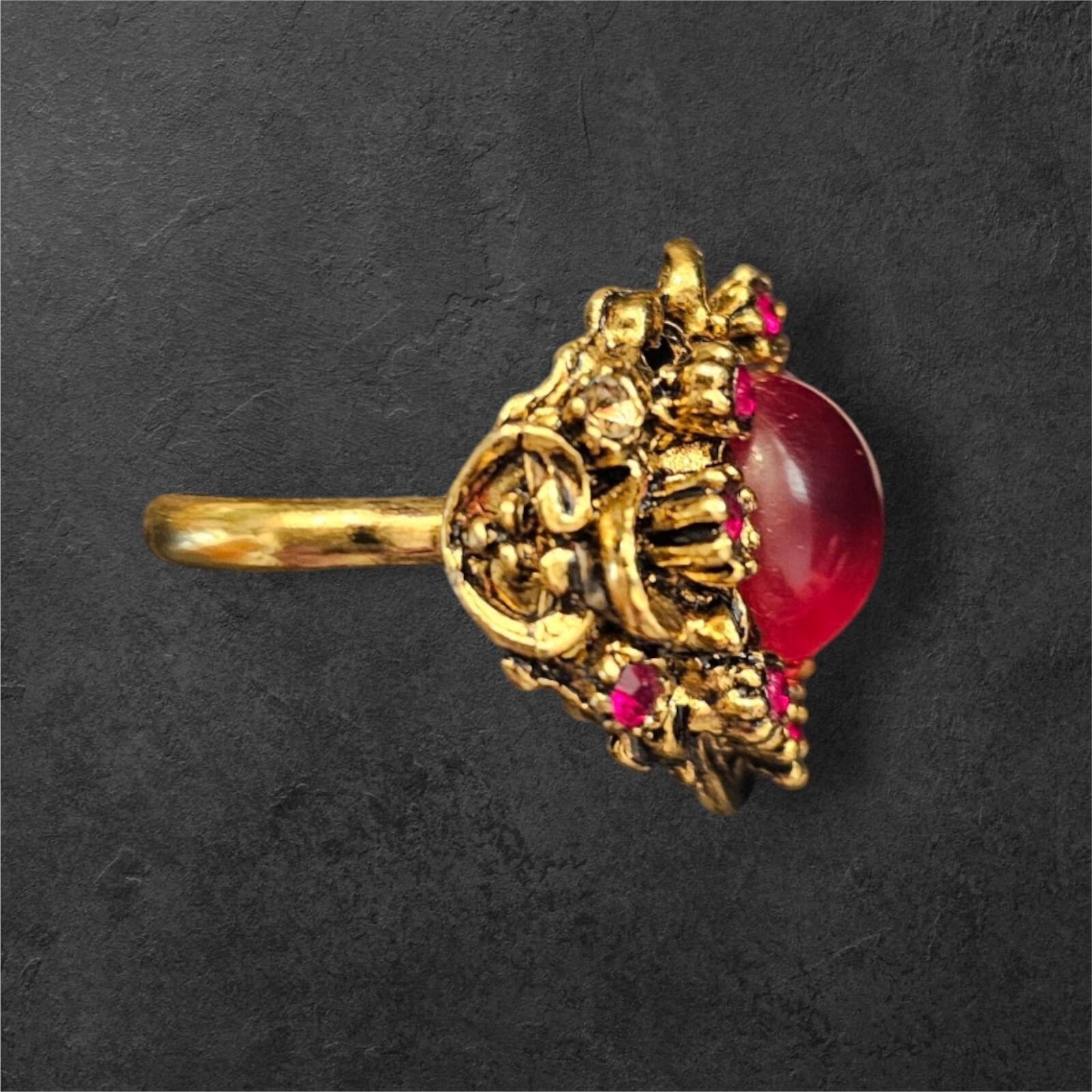 Vintage Gold Tone Adjustable Ring - Ruby Red Ston… - image 4