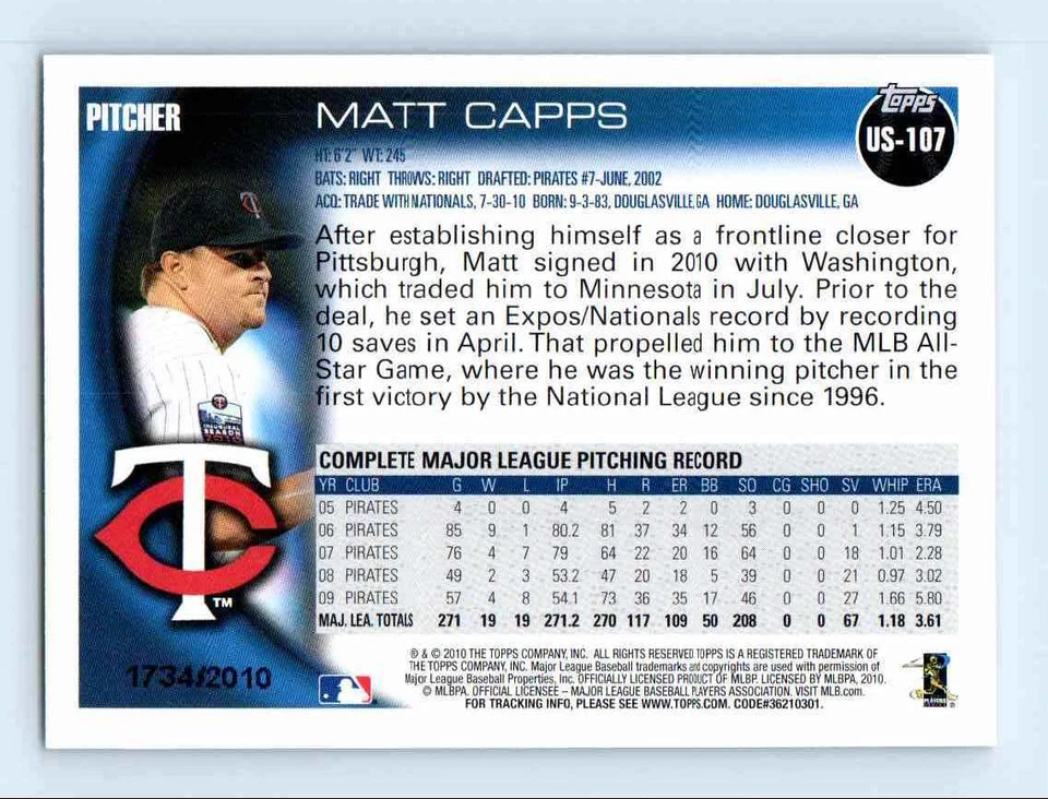 2010 Topps Update Gold Matt Capps 1734/2010 Minnesota Twins #US-107 - Image 2 of 2