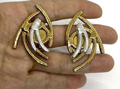 J.Jansen Gold Silver Tone Modernist Large Chunky Clip On Earrings 