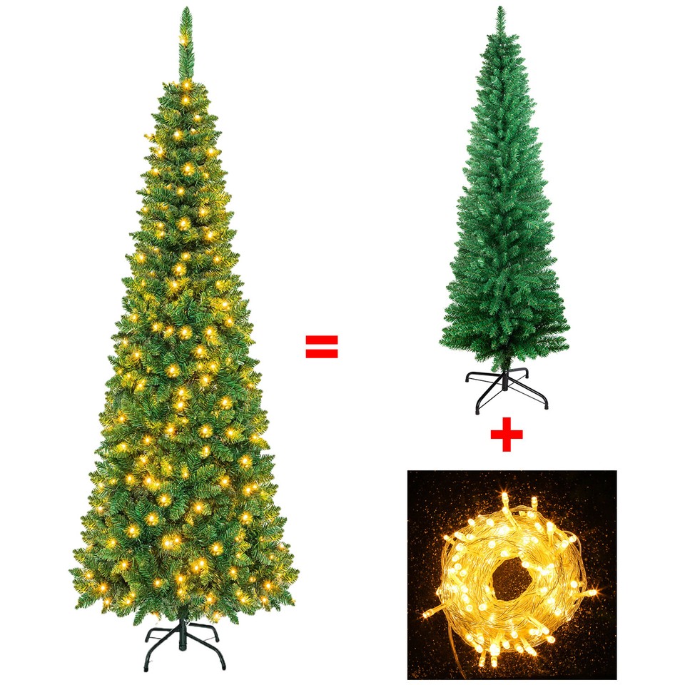 4ft 5ft 6ft 7ft Slim Pencil Christmas Tree with Lights Artificial Green