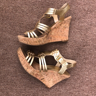 Audrey Brooke cork wedge dress sandals metallic gold leather 8.5 | eBay Audrey Brooke cork wedge dress sandals metallic gold leather 8.5 | eBay
