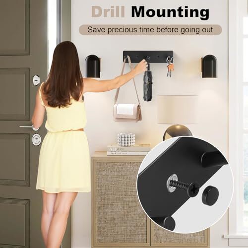  Key Holder Wall Mount, Black Metal Key Hanger with 3 Key Hooks Compact Key 