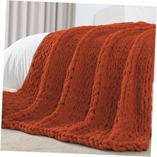 Chunky Knit Throw Blanket Twin, 100 Hand Made Large Chenille 60" X 80" Rust