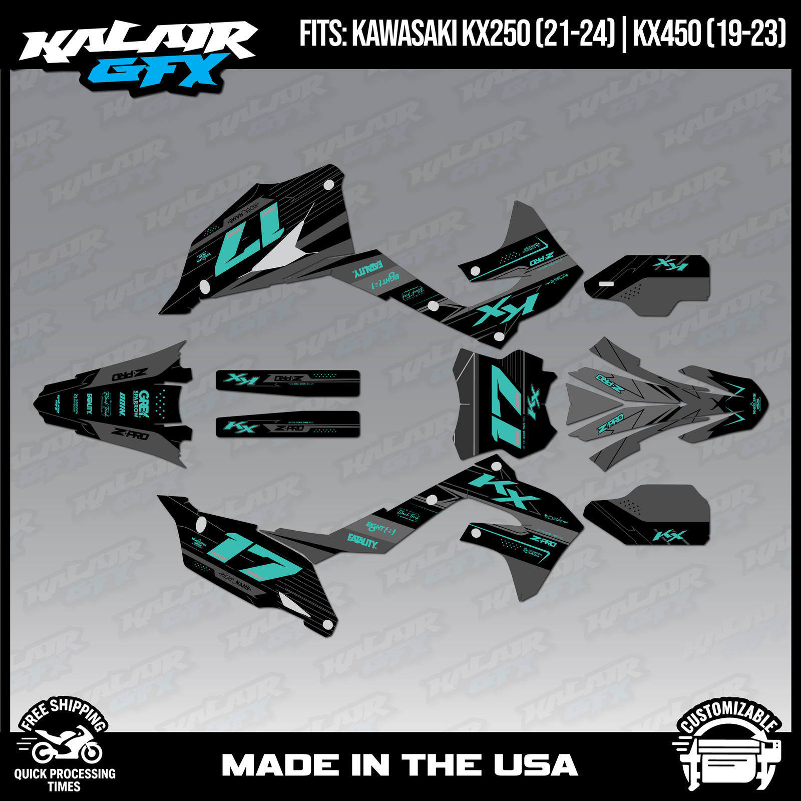 Kalair GFX Graphics Kit for KX450 2019-2023 and KX250 2021-24 Axis - TEAL-SHIFT
