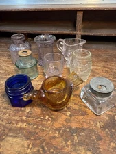 VINTAGE c1900s NINE DIFFERENT INK BOTTLES/ Candle Holder Glass Lot Collectable