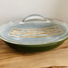 Vintage Glasbake Green Casserole Dish with Lid J2274 1 QT Wheat Pattern MCM
