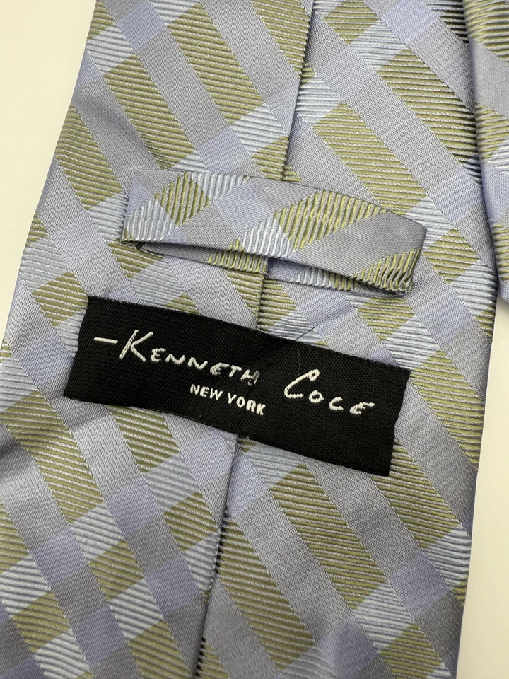 Corbata Kenneth Cole Para Hombre Clásica Seda Azul Verde A Cuadros Hecha a Mano Corbata Formal Foto 3 de 4