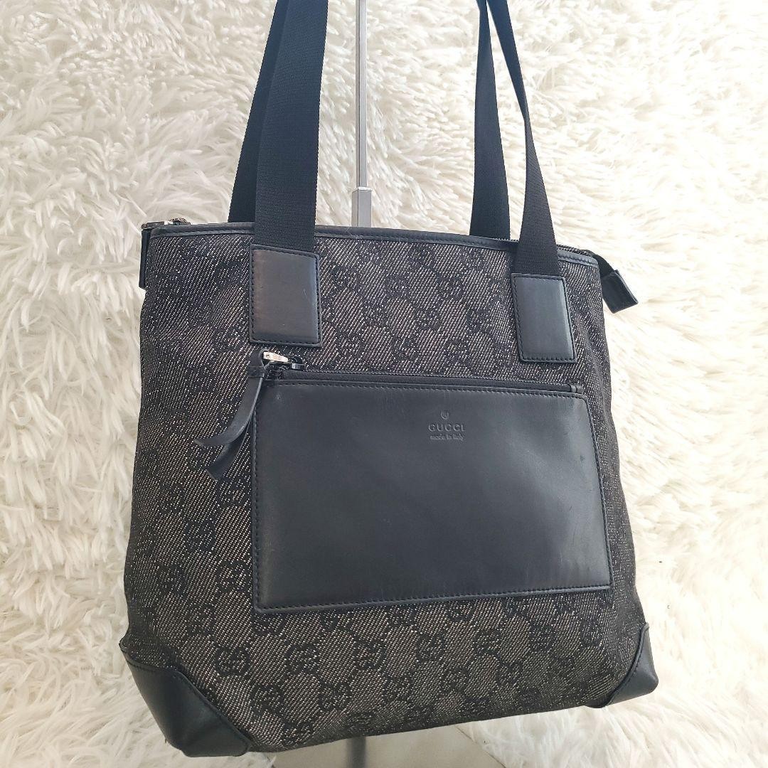 GUCCI GG Canvas Tote Bag Black Leather Unisex Authentic Fashion Bag thumbnail 3
