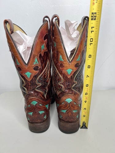 Corral Boots Hand Tooled Brown Teal Square Toe Women Size 8 - Picture 8 of 12