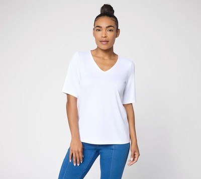 Susan Graver Essentials Butterknit V-Neck Top with Elbow Sleeves White S New